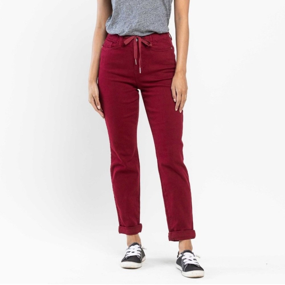 Judy Blue Jeans Women Sz 29 Red Garment Dyed Drawstring High Waist Tapered Denim